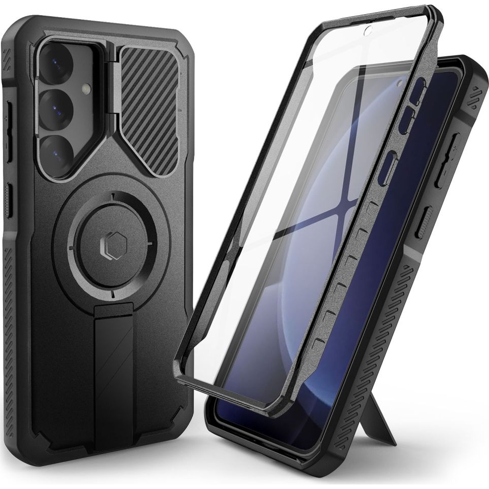 Etui pancerne ze wbudowaną podstawką i osłoną na ekran, Tech-Protect Kevlar MagSafe+ do Samsung Galaxy S25 Plus, czarne.